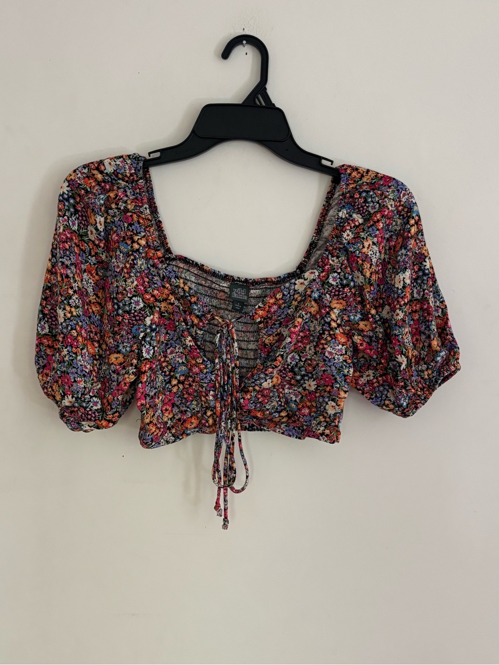 Wild Fable Floral Puff Sleeve Tie Front Crop Top Size Small